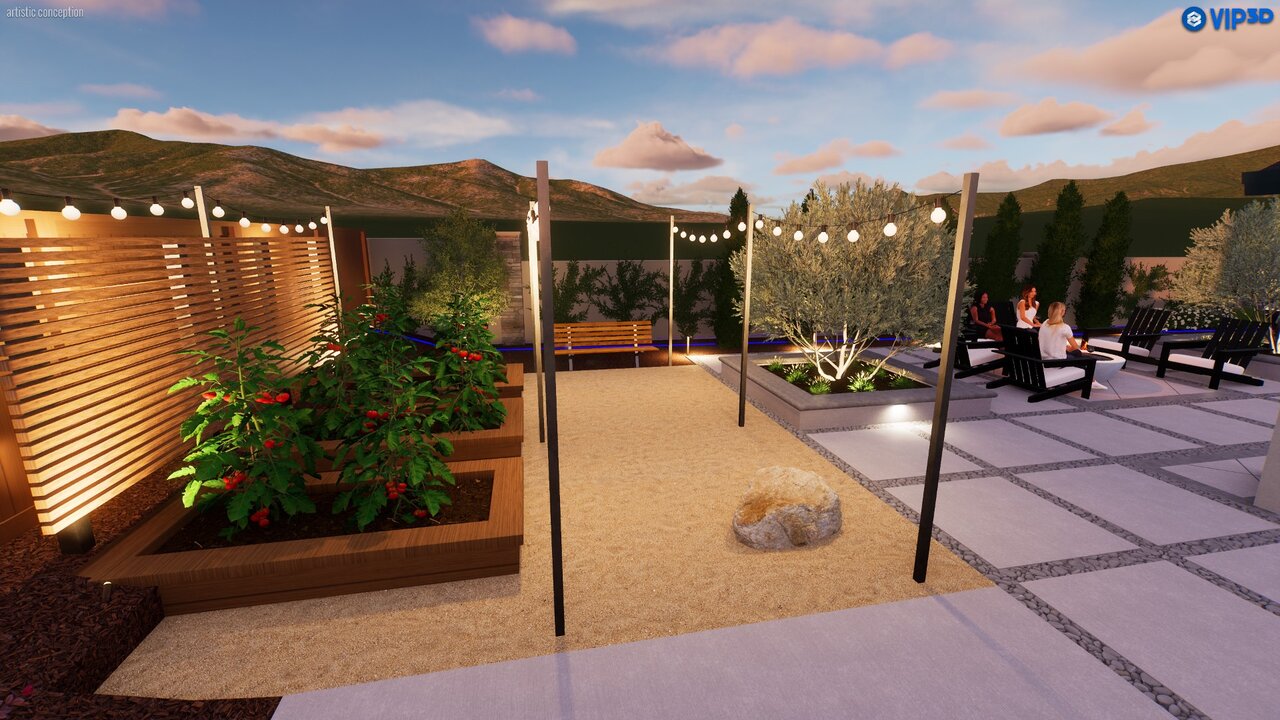 Backyard hardscape — concrete pavers and masonry at dusk