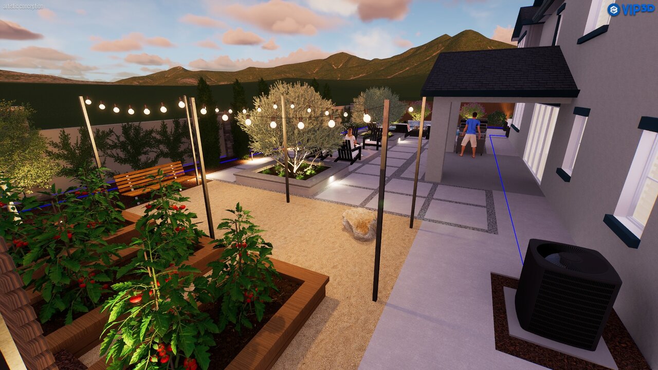 Full backyard landscape plan — raised beds, bocce area, fire pit, and custom hardscape
