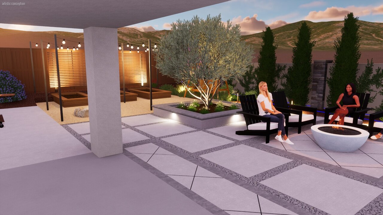 Custom concrete paver patio with grid pattern and gravel inlay