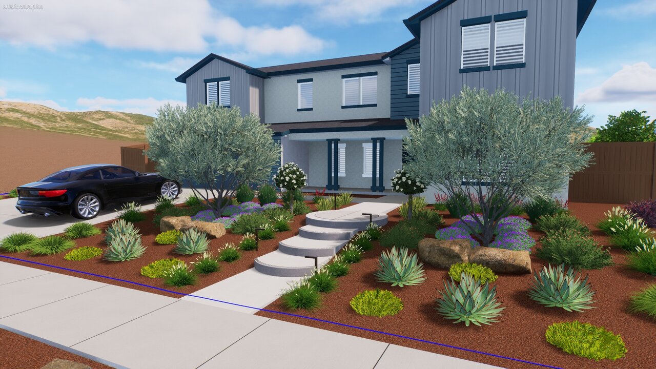 Front yard xeriscape design — drought-tolerant planting plan