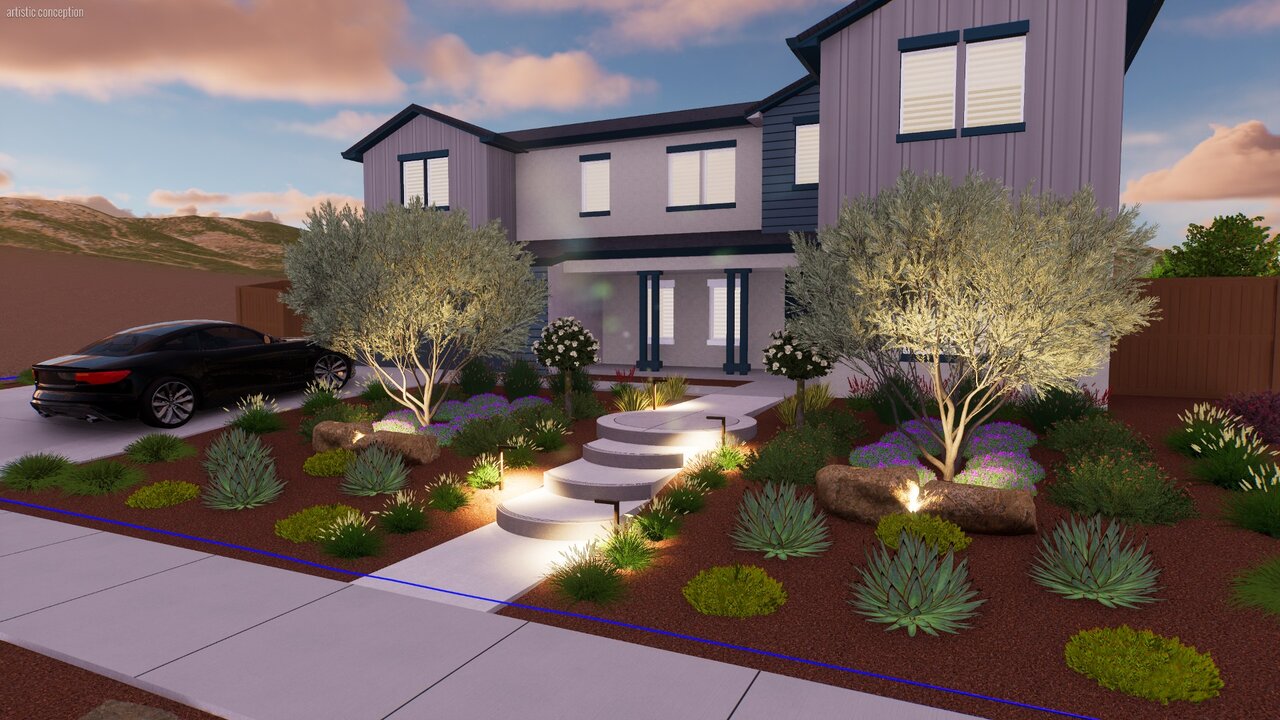 3D rendering — front yard design with architectural lighting at dusk