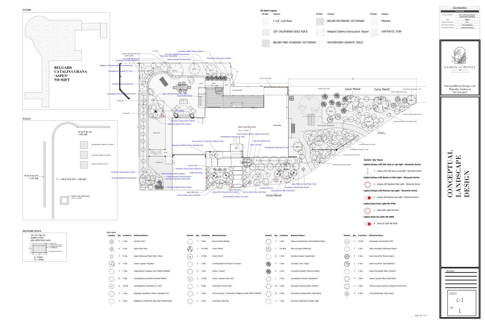 Napa Backyard — conceptual landscape design blueprint with site plan, plant schedule, and lighting layout