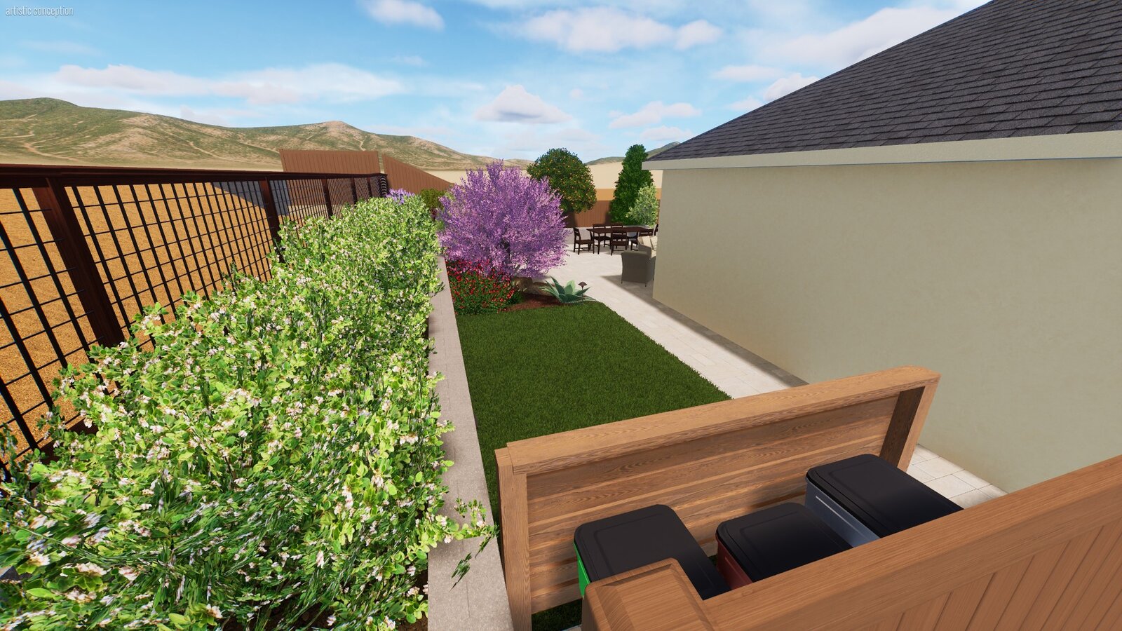 Side yard 3D rendering — turf, flowering trees, privacy fencing, and trash enclosure