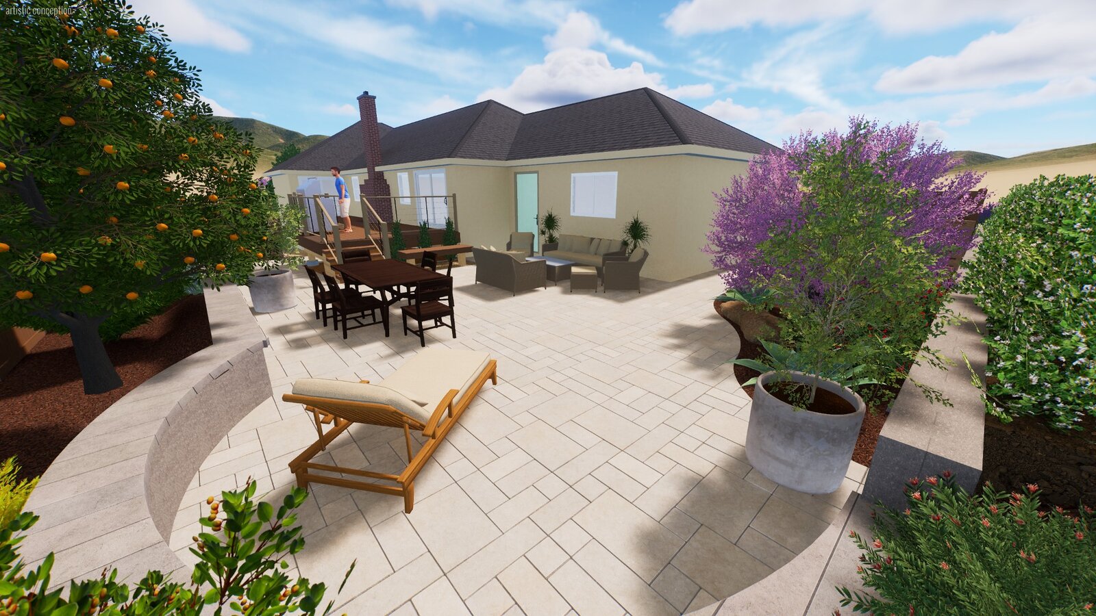 Main patio 3D rendering — expansive paver patio with lounge furniture, dining, and citrus trees