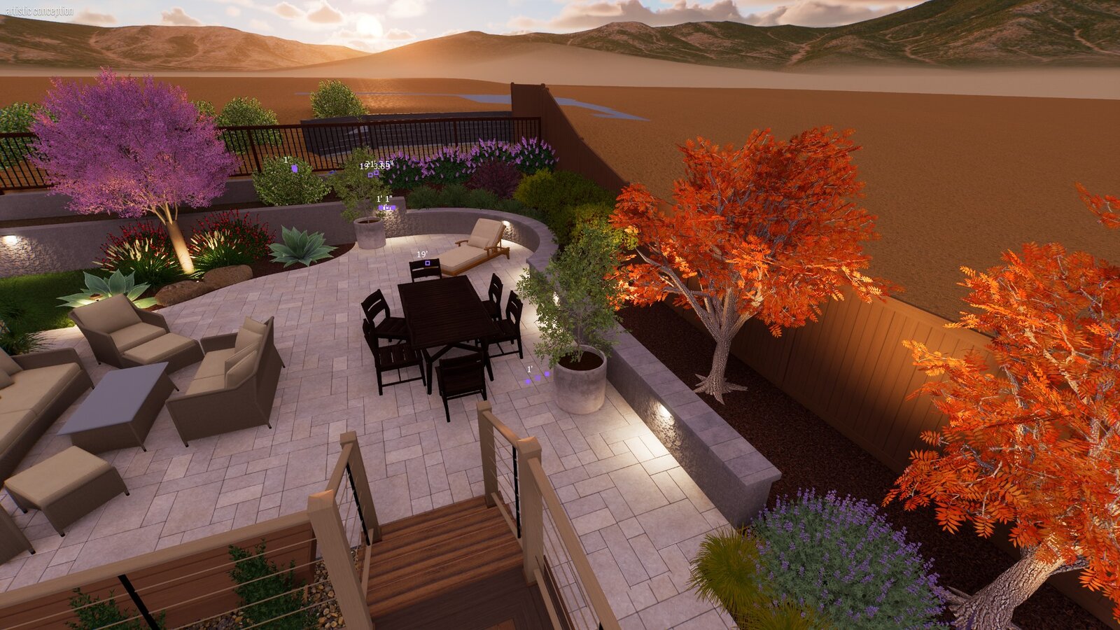 Upper patio 3D rendering — evening view with seating wall, dining area, accent lighting, and autumn trees