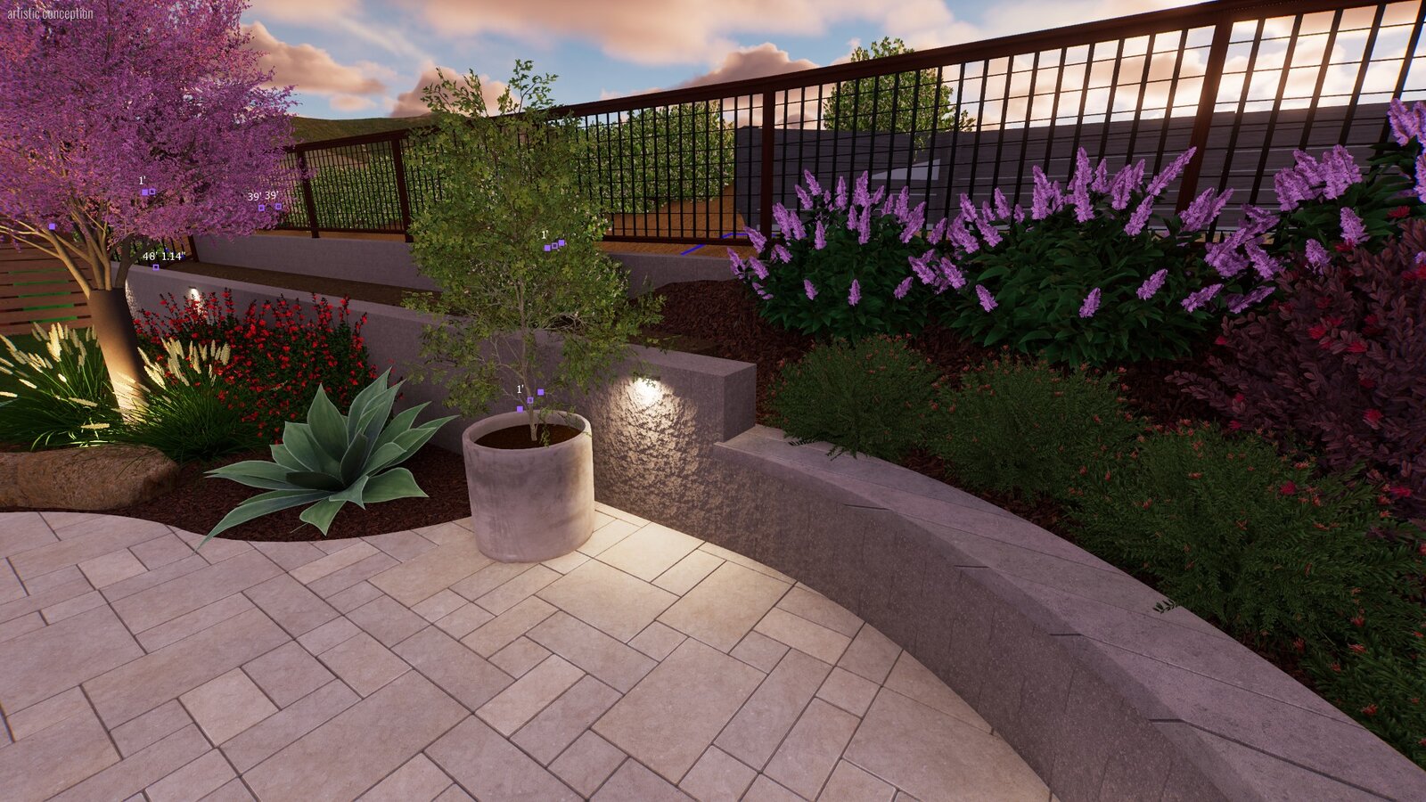 Planting bed 3D rendering — curved seating wall with agave, butterfly bush, and accent lighting