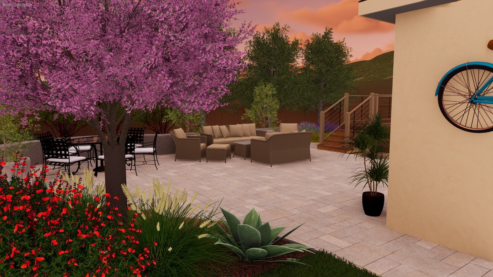 Lounge area 3D rendering — flowering cherry tree, outdoor seating, and decorative bicycle wall art