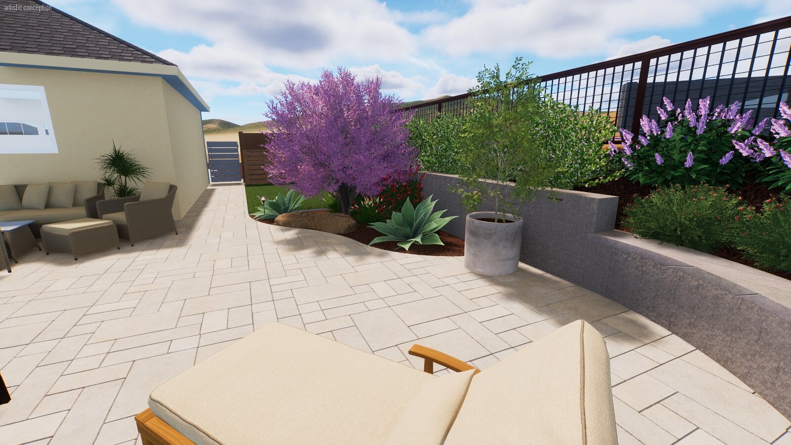 Retaining wall 3D rendering — curved paver patio with chaise lounges, flowering tree, and lush border plantings