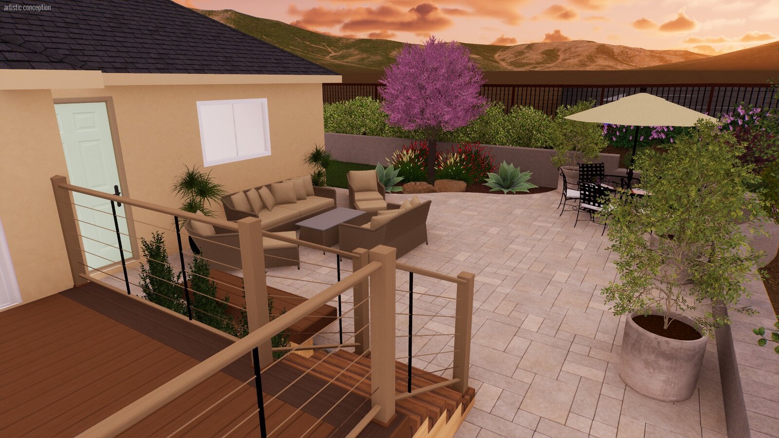 Deck and stairs 3D rendering — new composite deck with cable railing, stairs to paver patio, sunset lighting