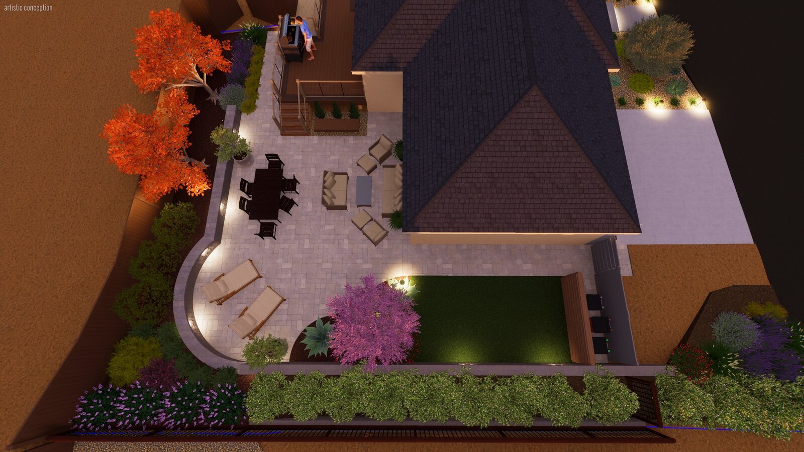 Aerial 3D rendering — full property view at night with paver patio, turf, deck, lighting, and landscaping
