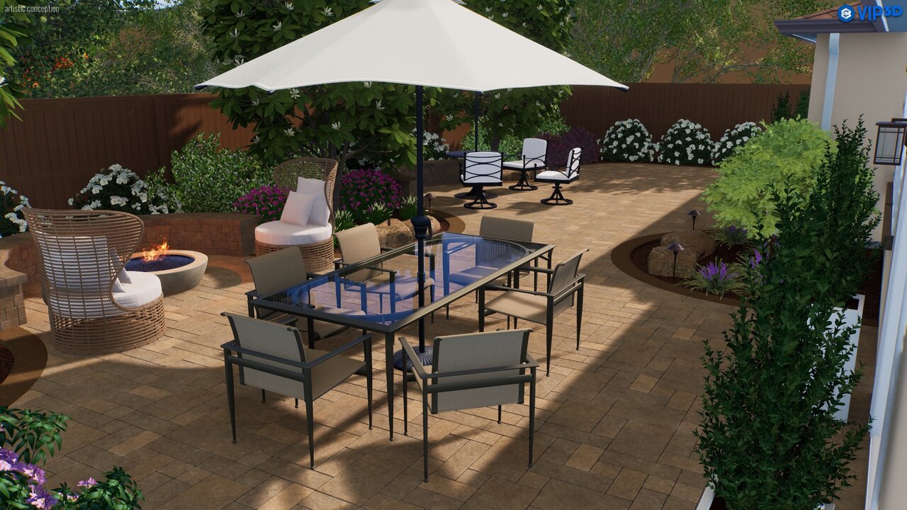 Paver patio with outdoor dining and masonry fire pit